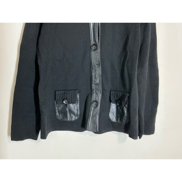 Classiques Entier L Black 100% Merino Wool Real Leather Cardigan Sweater - Picture 2 of 5